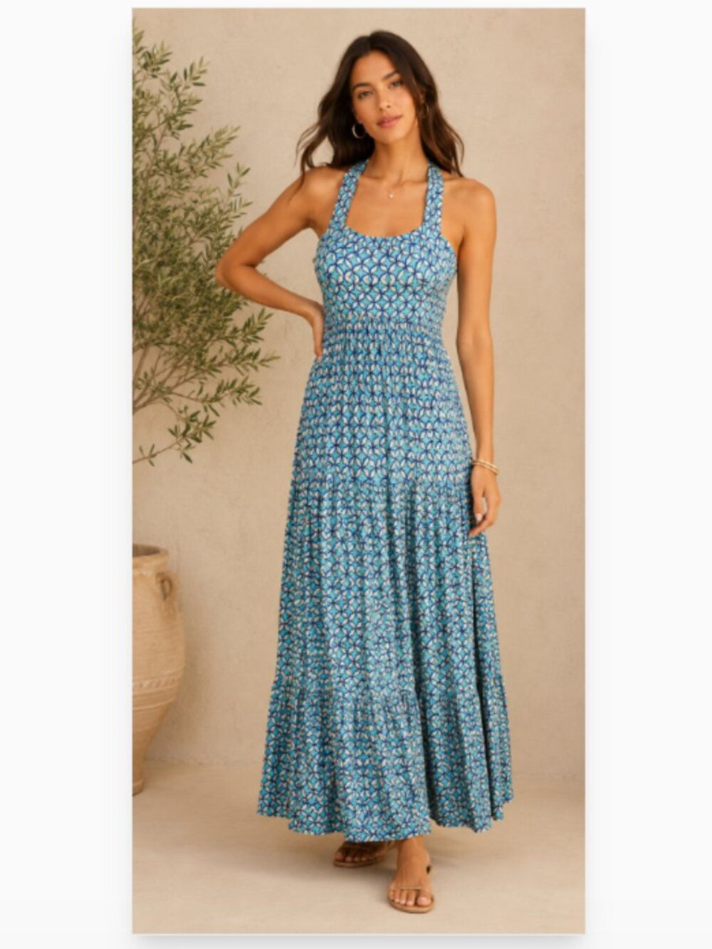 Maeve by Anthropologie SZ S Mabel Halter Maxi Dress Green Blue Tan Geo Print